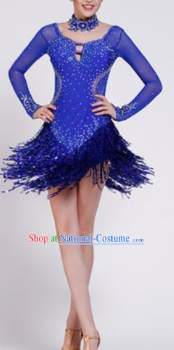 Professional Latin Dance Samba Royalblue Sequins Tassel Dress Modern Dance International Dance Competition Costume for Women