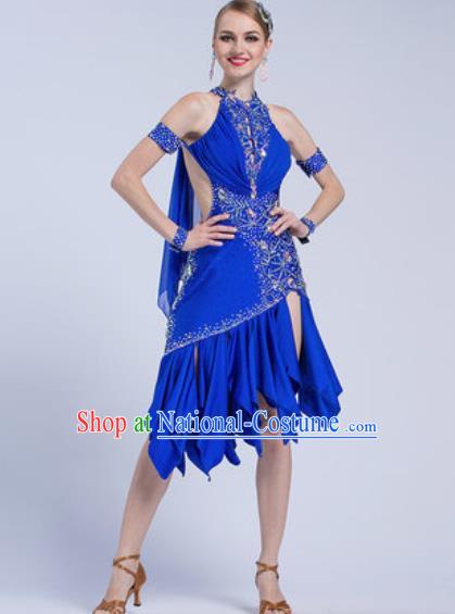 Professional Latin Dance Competition Royalblue Short Dress Modern Dance International Rumba Dance Costume for Women