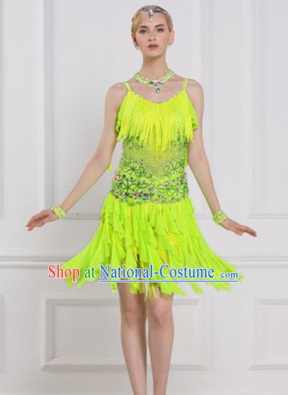 Professional Latin Dance Competition Green Tassel Dress Modern Dance International Rumba Dance Costume for Women