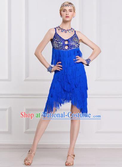 Professional Latin Dance Competition Royalblue Tassel Dress Modern Dance International Rumba Dance Costume for Women