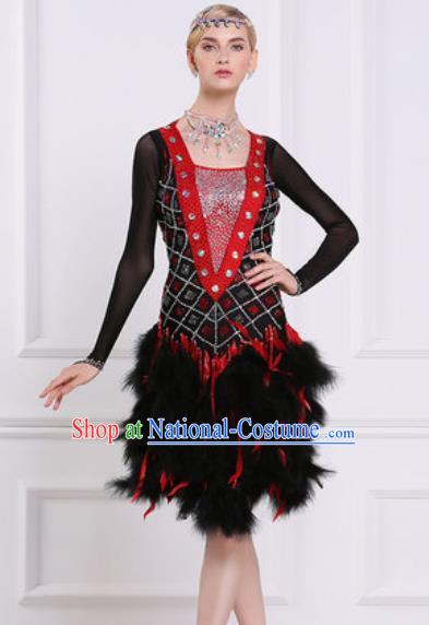 Professional Latin Dance Competition Black Feather Dress Modern Dance International Rumba Dance Costume for Women