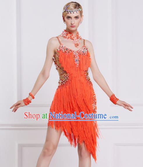 Professional Latin Dance Competition Orange Tassel Dress Modern Dance International Rumba Dance Costume for Women