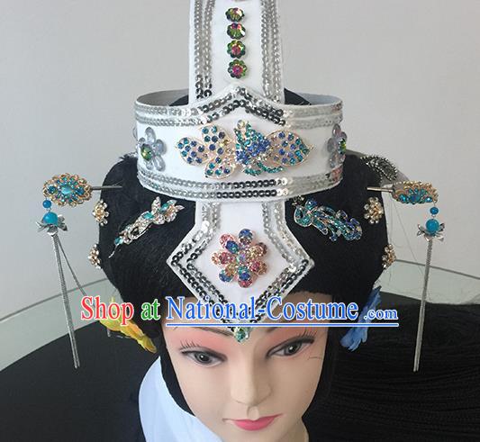 Chinese Beijing Opera Taoist Nun White Headgear Traditional Peking Opera Diva Wig Sheath and Hair Accessories for Women