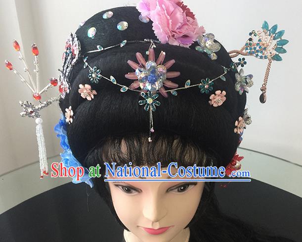 Chinese Beijing Opera Nobility Lady Headgear Traditional Peking Opera Princess Wig Sheath and Hair Accessories for Women