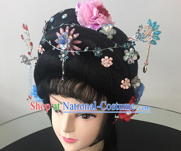 Chinese Beijing Opera Nobility Lady Headgear Traditional Peking Opera Princess Wig Sheath and Hair Accessories for Women