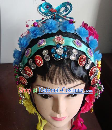 Chinese Beijing Opera Girls Blue Flowers Headgear Traditional Peking Opera Wig Sheath and Hair Accessories for Women