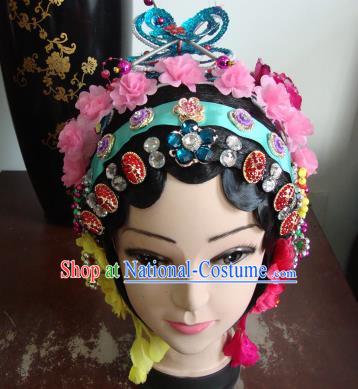 Chinese Beijing Opera Girls Pink Flowers Headgear Traditional Peking Opera Wig Sheath and Hair Accessories for Women