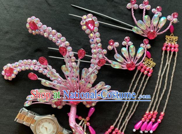 Chinese Beijing Opera Diva Pink Phoenix Tassel Hairpins Headgear Traditional Peking Opera Queen Hair Accessories for Women