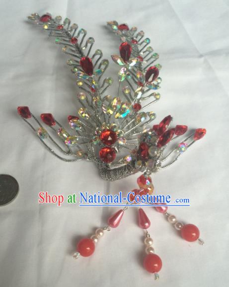 Chinese Beijing Opera Diva Red Tassel Phoenix Hair Clip Hairpins Traditional Peking Opera Hair Accessories for Women