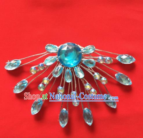 Chinese Beijing Opera Princess Blue Crystal Hair Claw Hairpins Traditional Peking Opera Diva Hair Accessories for Women