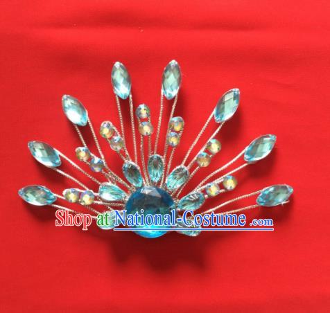 Chinese Beijing Opera Princess Blue Crystal Hair Claw Hairpins Traditional Peking Opera Diva Hair Accessories for Women