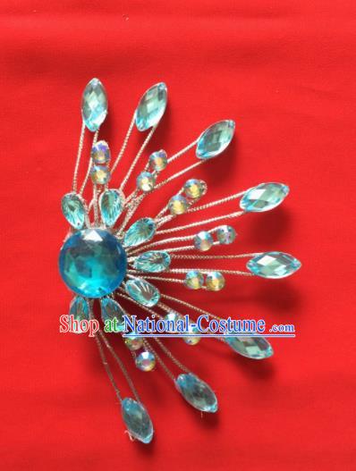 Chinese Beijing Opera Princess Blue Crystal Hair Claw Hairpins Traditional Peking Opera Diva Hair Accessories for Women