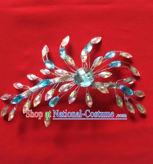 Chinese Beijing Opera Princess Blue Crystal Flower Hair Claw Hairpins Traditional Peking Opera Diva Hair Accessories for Women