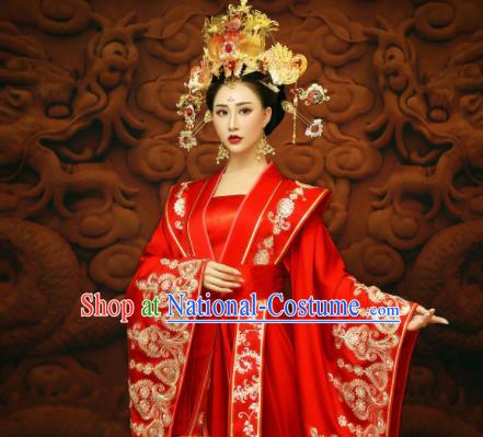 Chinese Ancient Royal Princess Red Hanfu Dress Traditional Tang Dynasty Imperial Consort Wedding Costumes and Headpiece for Women