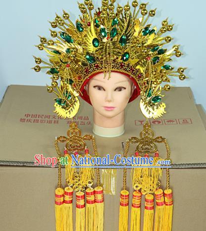 Chinese Beijing Opera Queen Green Crystal Phoenix Coronet Traditional Peking Opera Bride Hat Hair Accessories for Women