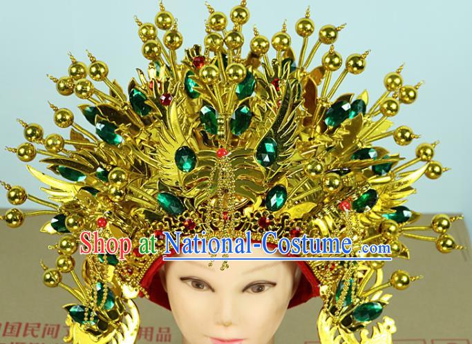 Chinese Beijing Opera Queen Green Crystal Phoenix Coronet Traditional Peking Opera Bride Hat Hair Accessories for Women