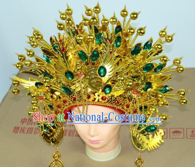 Chinese Beijing Opera Queen Green Crystal Phoenix Coronet Traditional Peking Opera Bride Hat Hair Accessories for Women