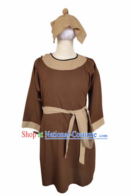 Chinese Ancient Civilian Brown Robe Traditional Ming Dynasty Teahouse Waiter Costume for Men