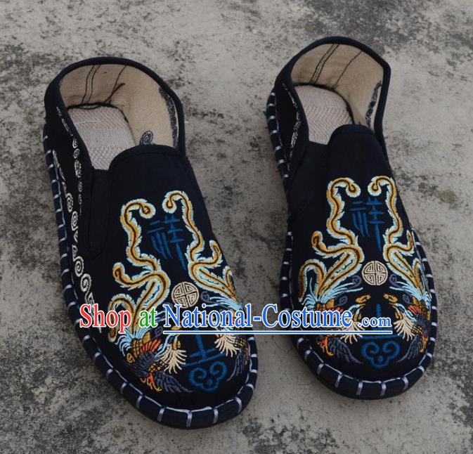 Traditional Chinese Embroidered Phoenix Black Shoes Handmade Flax Shoes National Multi Layered Cloth Shoes for Men