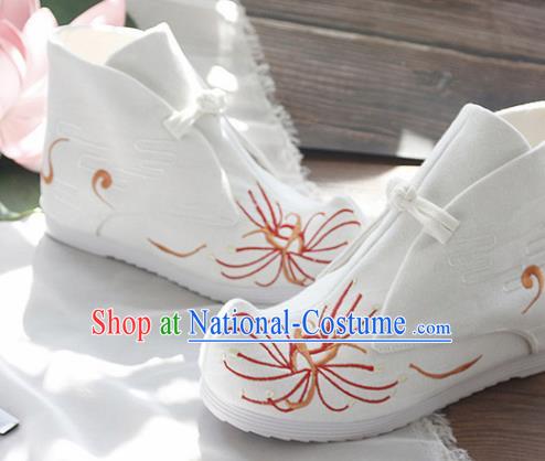 Traditional Chinese Embroidered Manjusaka White Boots Handmade Cloth Shoes National Cloth Shoes for Women