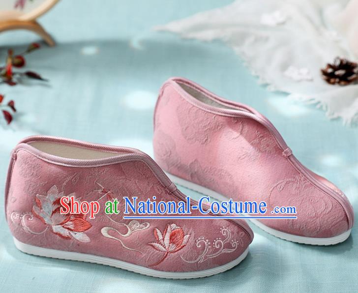 Traditional Chinese Embroidered Lotus Pink Boots Handmade Cloth Shoes National Cloth Shoes for Women