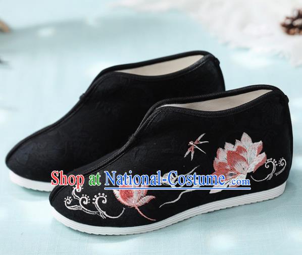 Traditional Chinese Embroidered Lotus Black Boots Handmade Cloth Shoes National Cloth Shoes for Women