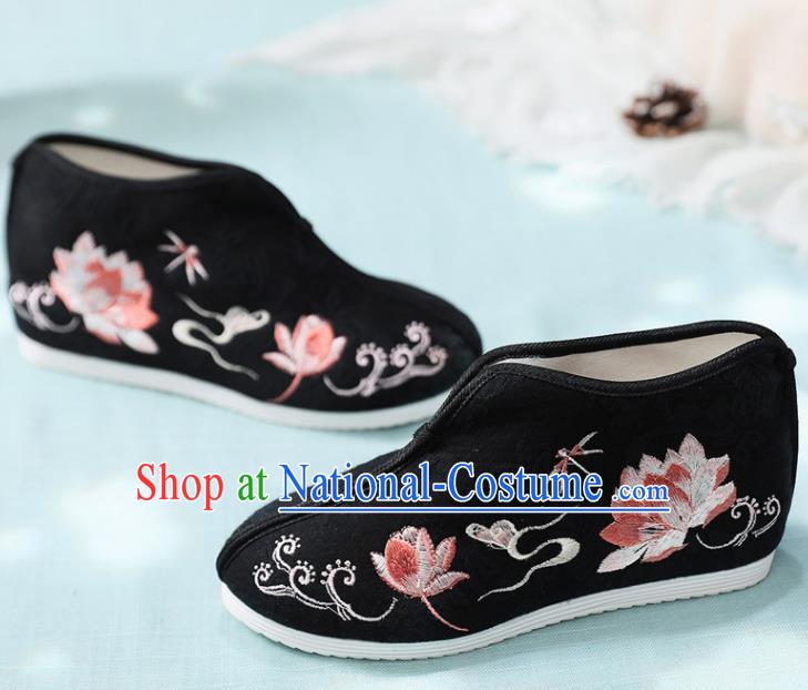 Traditional Chinese Embroidered Lotus Black Boots Handmade Cloth Shoes National Cloth Shoes for Women