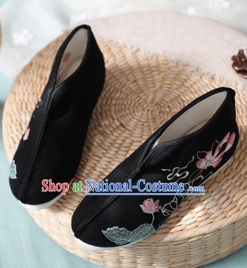 Traditional Chinese Embroidered Lotus Black Boots Handmade Cloth Shoes National Cloth Shoes for Women