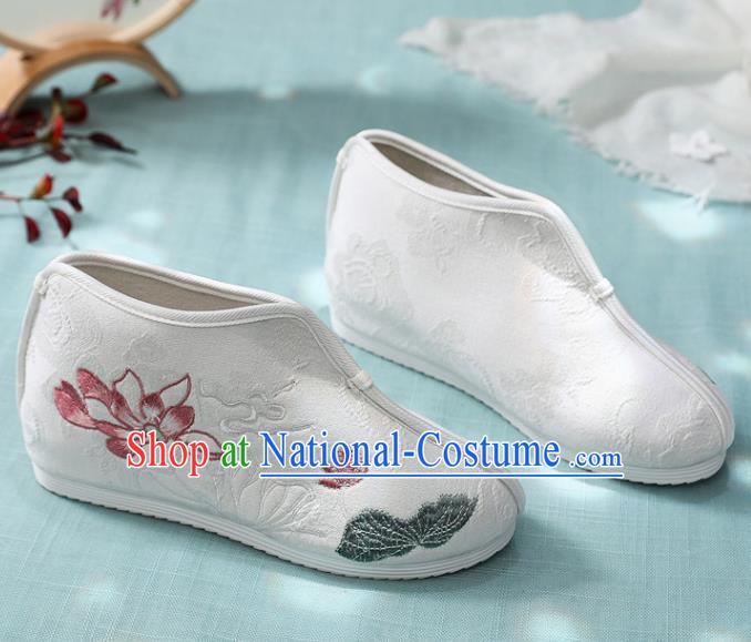 Traditional Chinese Embroidered Lotus White Boots Handmade Cloth Shoes National Cloth Shoes for Women