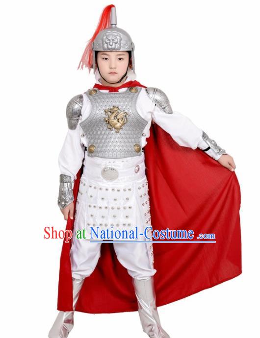 Chinese Ancient General White Helmet and Armour Traditional Han Dynasty Swordsman Costume for Kids