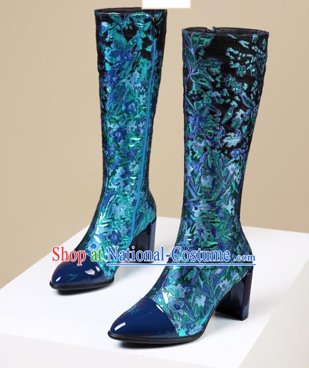 Traditional Chinese Handmade Blue Satin Boots National High Heel Shoes for Women