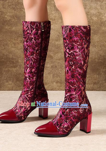 Traditional Chinese Handmade Wine Red Satin Boots National High Heel Shoes for Women