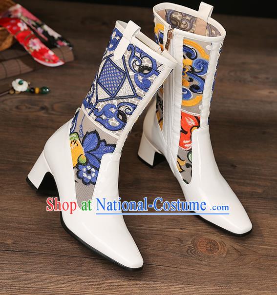 Traditional Chinese Handmade Embroidered White Boots National High Heel Shoes for Women