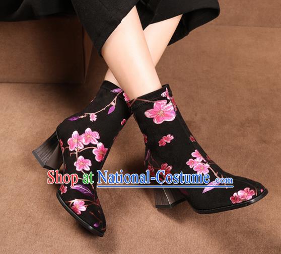 Traditional Chinese Handmade Printing Flowers Black Boots National High Heel Shoes for Women