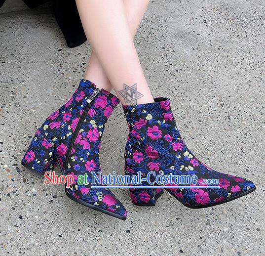 Traditional Chinese Handmade Embroidered Rosy Flowers Boots National High Heel Shoes for Women