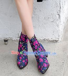 Traditional Chinese Handmade Embroidered Rosy Flowers Boots National High Heel Shoes for Women