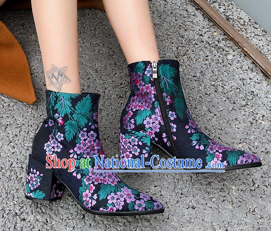 Traditional Chinese Handmade Embroidered Purple Flowers Boots National High Heel Shoes for Women