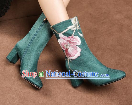 Traditional Chinese Handmade Embroidered Green Boots National High Heel Shoes for Women