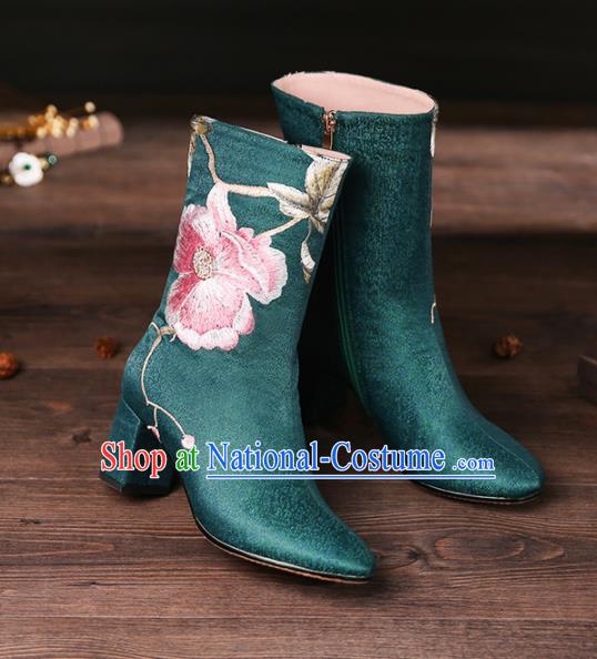 Traditional Chinese Handmade Embroidered Green Boots National High Heel Shoes for Women