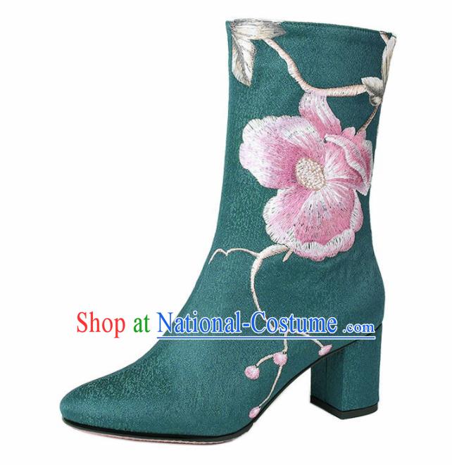 Traditional Chinese Handmade Embroidered Green Boots National High Heel Shoes for Women