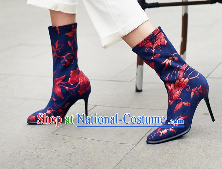 Traditional Chinese Handmade Printing Plum Navy Boots National High Heel Shoes for Women