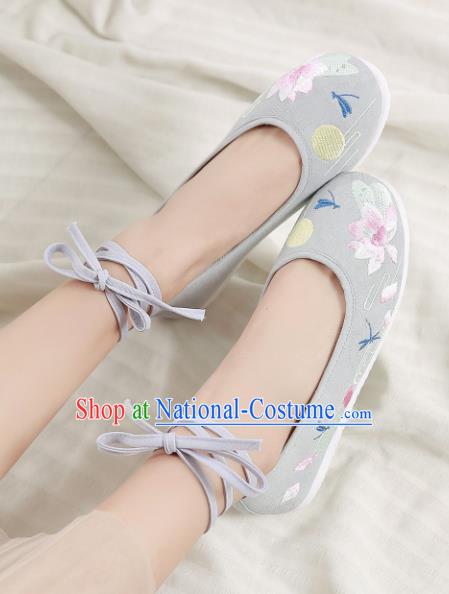 Traditional Chinese Handmade Embroidered Lotus Grey Shoes Hanfu Shoes National Cloth Shoes for Women