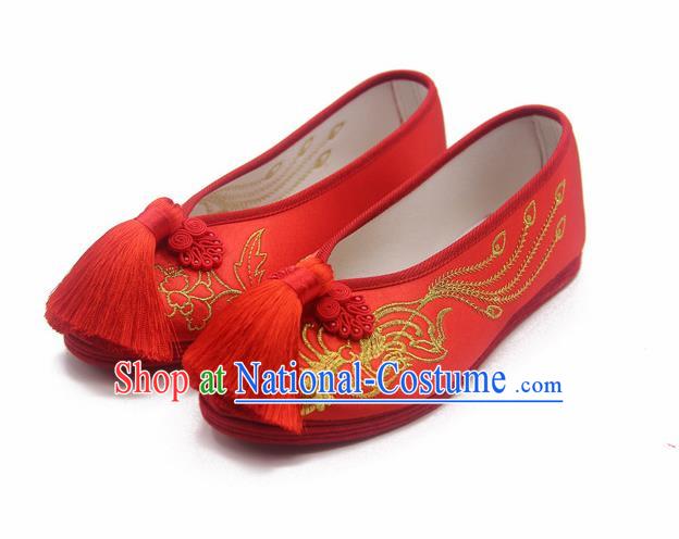 Traditional Chinese Embroidered Phoenix Red Shoes Handmade Hanfu Wedding Shoes National Cloth Shoes for Women