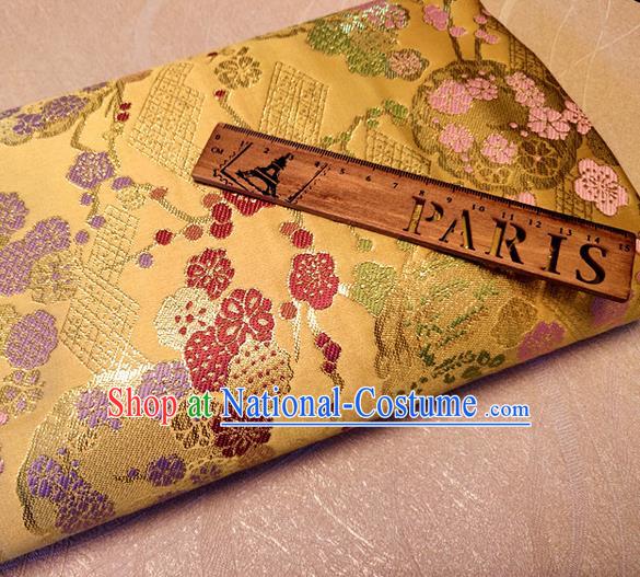 Asian Japan Traditional Plum Pattern Design Golden Brocade Damask Fabric Kimono Satin Material