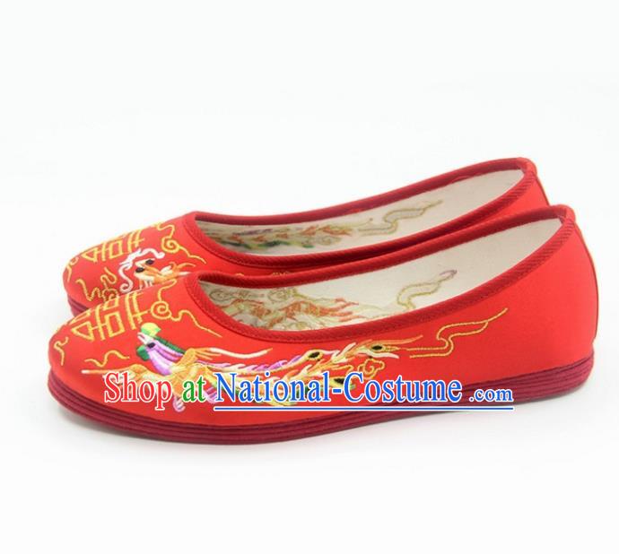 Traditional Chinese Embroidered Dragon Phoenix Red Shoes Handmade Hanfu Wedding Shoes National Cloth Shoes for Women