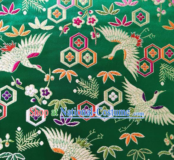 Asian Japan Traditional Plum Crane Pattern Design Green Brocade Damask Fabric Kimono Satin Material