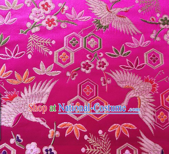 Asian Japan Traditional Plum Crane Pattern Design Rosy Brocade Damask Fabric Kimono Satin Material