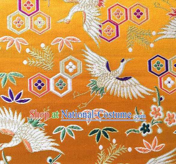 Asian Japan Traditional Plum Crane Pattern Design Golden Brocade Damask Fabric Kimono Satin Material