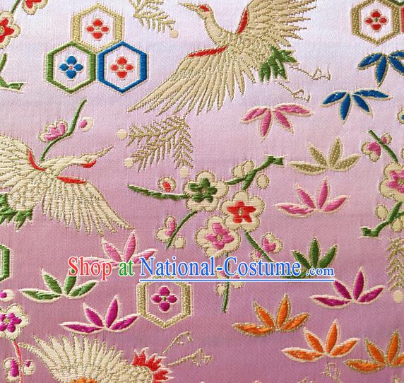 Asian Japan Traditional Plum Crane Pattern Design Pink Brocade Damask Fabric Kimono Satin Material