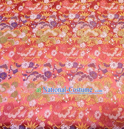 Asian Japan Traditional Bamboo Cockscomb Pattern Design Red Brocade Damask Fabric Kimono Satin Material